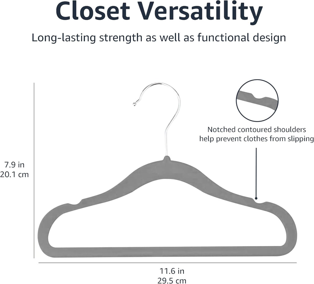 Kids Velvet, Non-Slip Clothes Hangers for Infant and Toddler, 11.6 Inches, Pack of 30, Grey